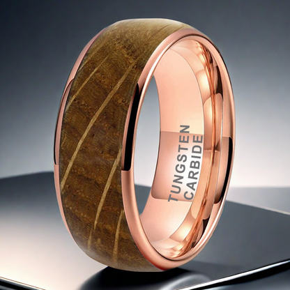 Whiskey Enchantment Ring 8mm rose gold-plated tungsten band with authentic whiskey barrel wood inlay men's wedding ring