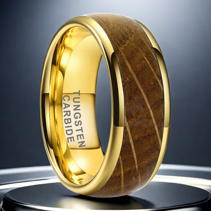 Whiskey Enchantment Ring 8mm men's wedding band with reclaimed whiskey barrel wood and 18K gold-plated tungsten carbide interior