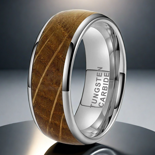 Whiskey Enchantment Ring 8mm men's wedding band with platinum-plated tungsten steel and reclaimed whiskey barrel wood inlay