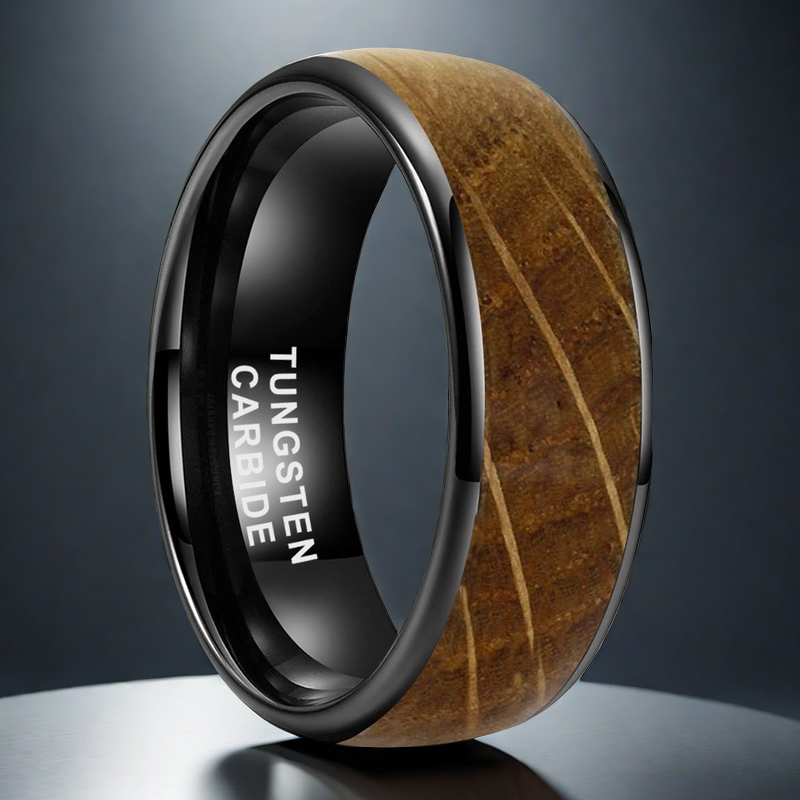 8mm Whiskey Enchantment Ring featuring black tungsten steel and authentic whiskey barrel wood inlay men's wedding band