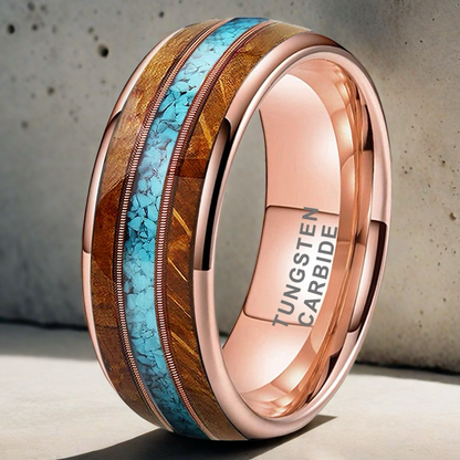 8mm rose gold tungsten ring with guitar wood inlay, dual guitar strings, and turquoise stone, men's wedding band