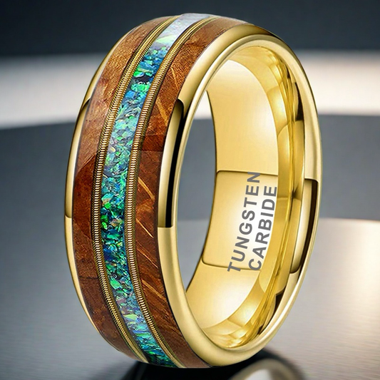 8mm gold-plated tungsten men's ring with guitar wood inlay, dual guitar strings, and green opal details, called Musical Soul Ring