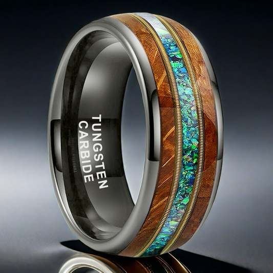 8mm gunmetal tungsten ring with guitar wood inlay, dual strings, and 3A green opal men's wedding band