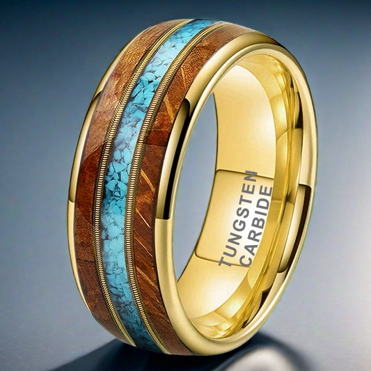 8mm 18K gold-plated tungsten carbide men's ring with guitar wood inlay, dual guitar strings, and turquoise accent band, Musical Soul Ring wedding band
