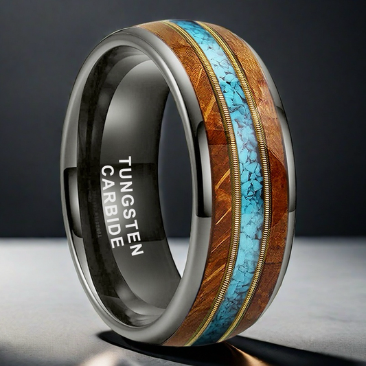 8mm gunmetal tungsten ring with guitar wood inlay, dual guitar strings, and turquoise accent men's wedding band