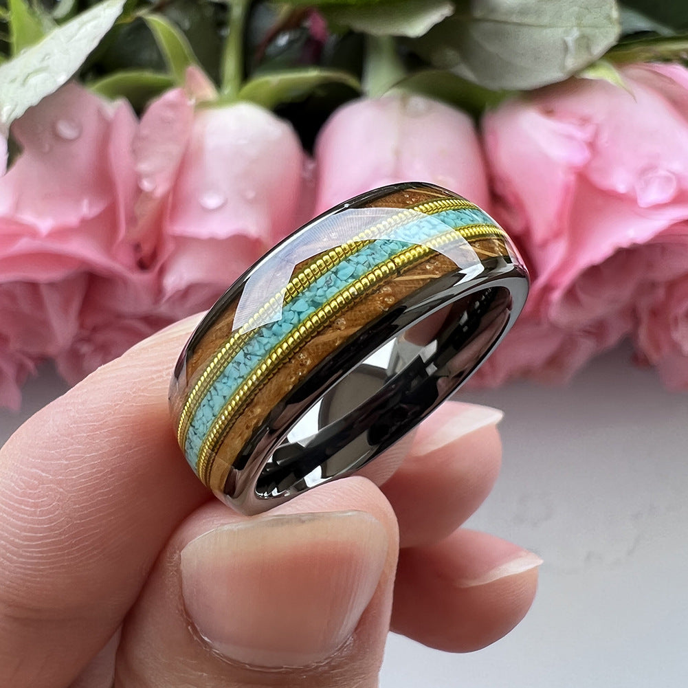 Musical Soul Ring - 8mm Gunmetal Tungsten Ring with Guitar Wood Inlay, Dual Guitar Strings & Turquoise - Men's Wedding Band