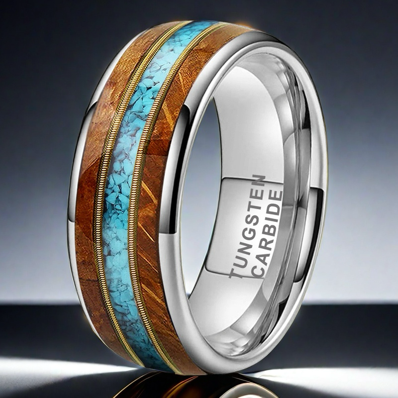 8mm white gold-plated tungsten ring with guitar wood inlay, dual guitar strings, and turquoise men's wedding band