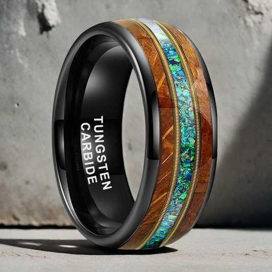 8mm black tungsten ring with guitar wood inlay, dual guitar strings, and 3A green Australian opal accent