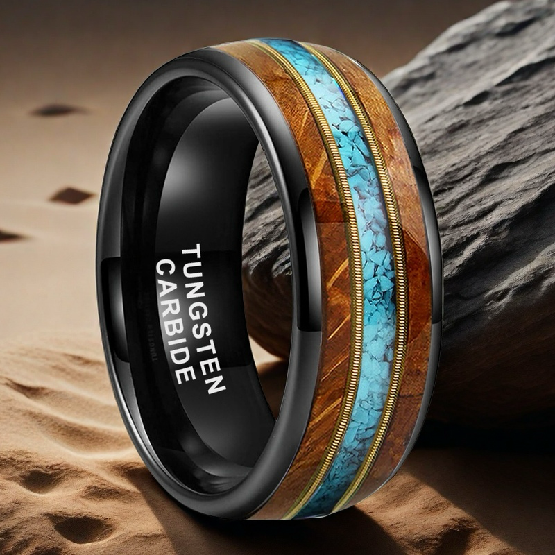 8mm black tungsten ring with guitar wood inlay, dual guitar strings, and turquoise accent men's wedding band